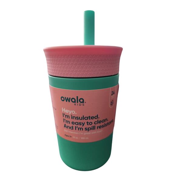 Owala Kids Insulated Tumbler Cup 12oz Pink Green Spill Resistant - New - Picture 1 of 2